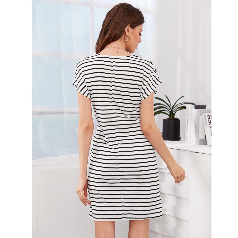 Striped Casual Mini Dress, Belted Front - Picture 3 of 7